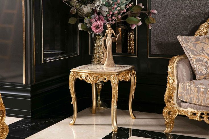 Unique Center Set luxury center table with marble top and elegant gold carved wooden design for modern living room