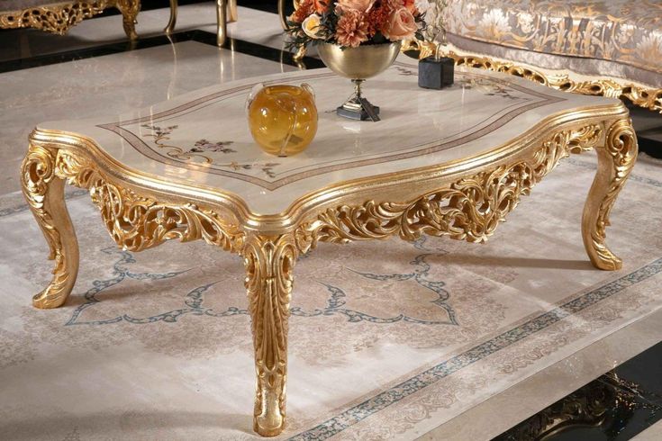 Unique Center Set luxury center table with marble top and elegant gold carved wooden design for modern living room