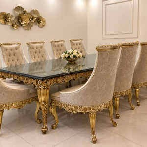 Classic Royal Dining Set with gold carved table and upholstered chairs