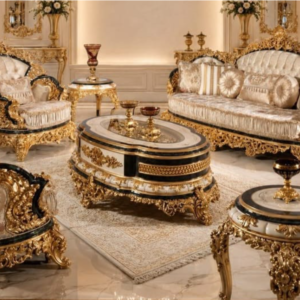 Luxury Crown Sofa Set with matching chairs, cream upholstery, and gold carved detailing